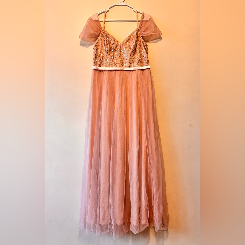 Women’s Elegant Rose Gold Champagne Sequin Chiffon Gown Dress Size XL